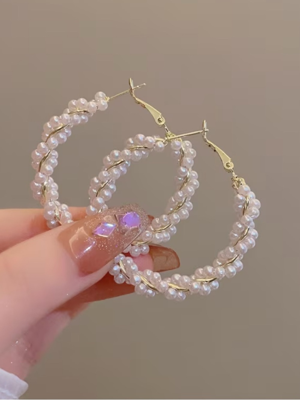 Pearl-Wrapped Hoop Earrings - White - Picture 2 of 4